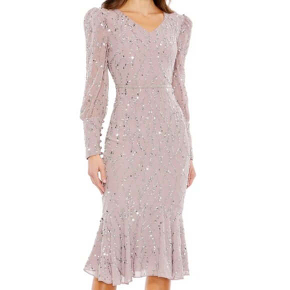 MAC DUGGAL 10767 SEQUINED ILLUSIONS LONG  VINTAGE LILAC TRUMPET MIDI DRESS  12 - Picture 1 of 3